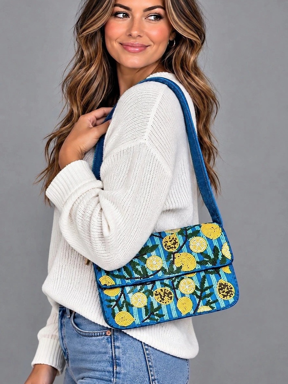 Viral Sol and Mer Coastal Beaded Lemons Shoulder Bag Handcrafted In India NWT